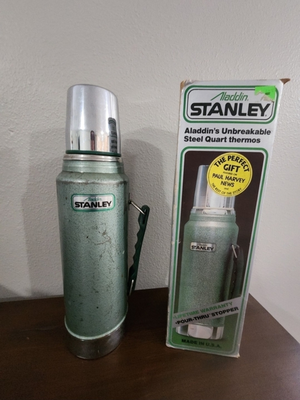 Vintage Stanley Green Steel Quart Thermos - Aladdin Stanley With Vintage Box